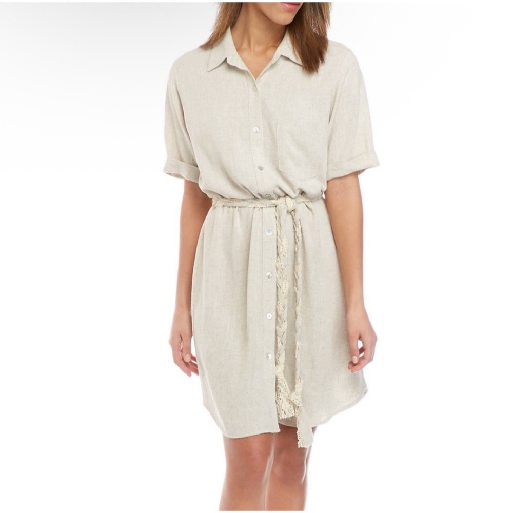Karen Kane Medium Maxi Shirt Dress Oat Linen Bld Braided Belt Lagenlook USA EUC